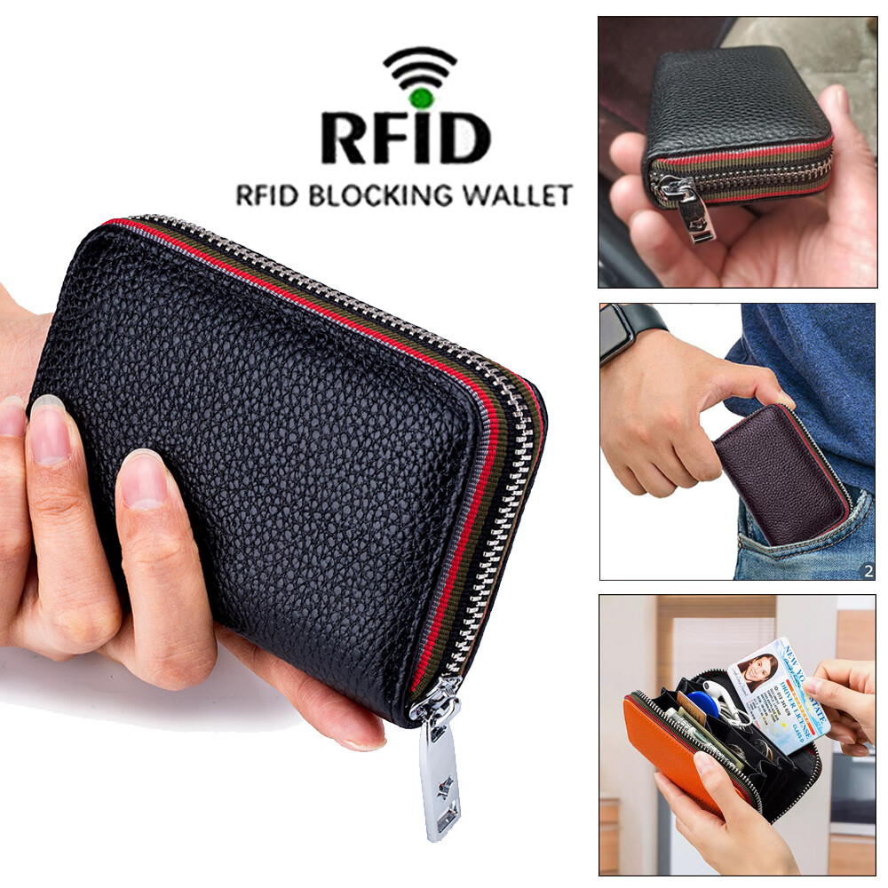 RFID Blocking Women’s Genuine Leather Wallet Credit Card Holder Zipper  Pocket