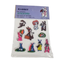 VINTAGE 1983 LAURIE IMPORT THREE 3 DIMENSIONAL PUFFY ANIMAL RABBIT STICKERS NOS