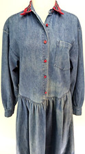 Vtg 90s EDDIE BAUER Women's Denim Shirt Dress RED PLAID FLANNEL TRIM Size M EUC