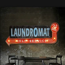 Vintage Light LED Metal Hanging Sign LAUNDROMAT Laundry Shop Art Wall Decoration