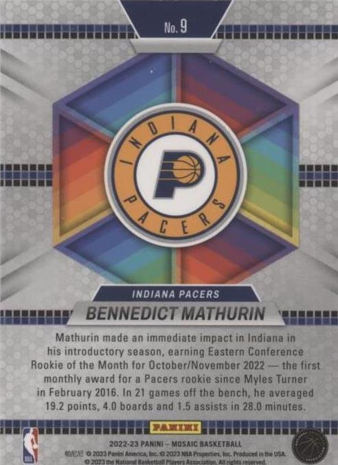Panini Mosaic Bennedict Mathurin 2022-23 #9 for sale | eBay