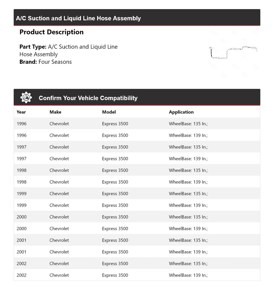 Conjunto de manguera de línea líquida de succión de CA para Chevrolet Express 3500 1996-02 4 mares Foto 2 de 3