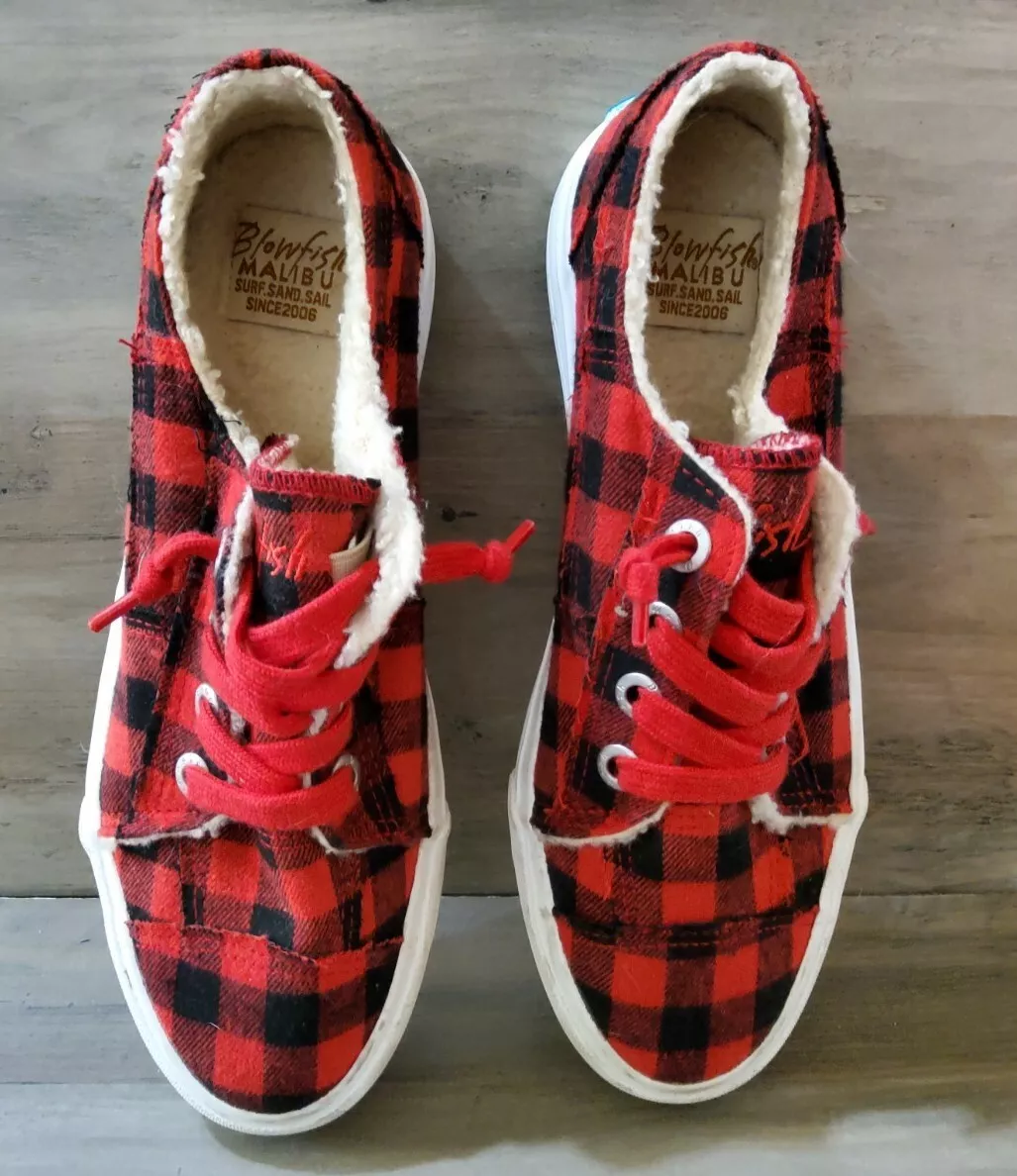 Blowfish Malibu Red Black Check Faux Fur Lined Shoes Women s Size