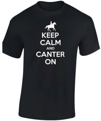 Keep Calm Canter On Horse Riding Reitsport Kinder Unisex Premium lustiges T-Shirt