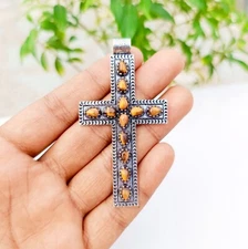 Tiger's Eye Cross Pendant 925 Sterling Silver Handmade Gemstone Jewelry 2.83"