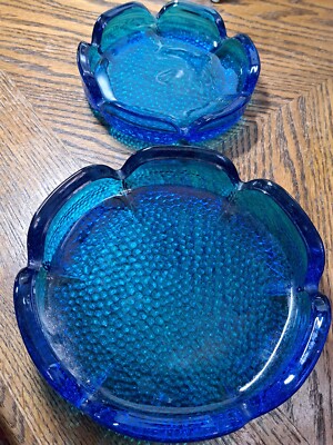 BLUE PEBBELED BOTTOM ASHTRAYS 5 7/8'' & 7''