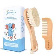 Baby Hair Brush and Comb Set, Wooden brush with Soft Goat Brown