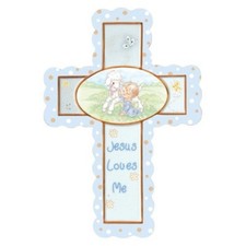 Precious Moment Blue Cross Jesus Loves Me Boy With Lamb Religious 7.5in 102409