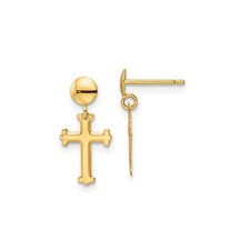 14k Yellow Gold Budded Cross Dangle Earrings for Women Christian Catholic Jewelr