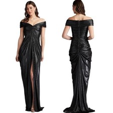 New Tadashi Shoji Off Shoulder Lame Metallic Evening Gown Titanium Womes Size XL