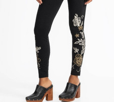 NWT JOHNNY WAS SZ M ADELAIDE Stretch FLORAL EMBROIDERED PANTS LEGGINGS BLACK