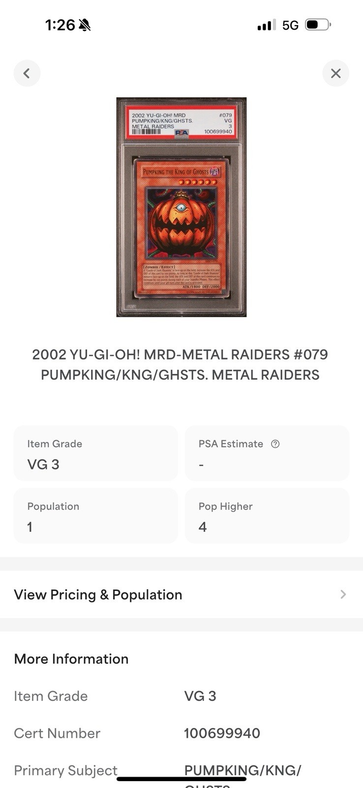 PSA 3 VG 2002 YU-GI-OH! MRD-METAL RAIDERS #079 PUMPKING/KNG/GHSTS. METAL RAIDERS view 3
