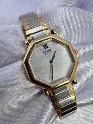 Vintage Gold Tone Octagonal Seiko Ladies Watch Mother Of Pearl Dial Unique Rare