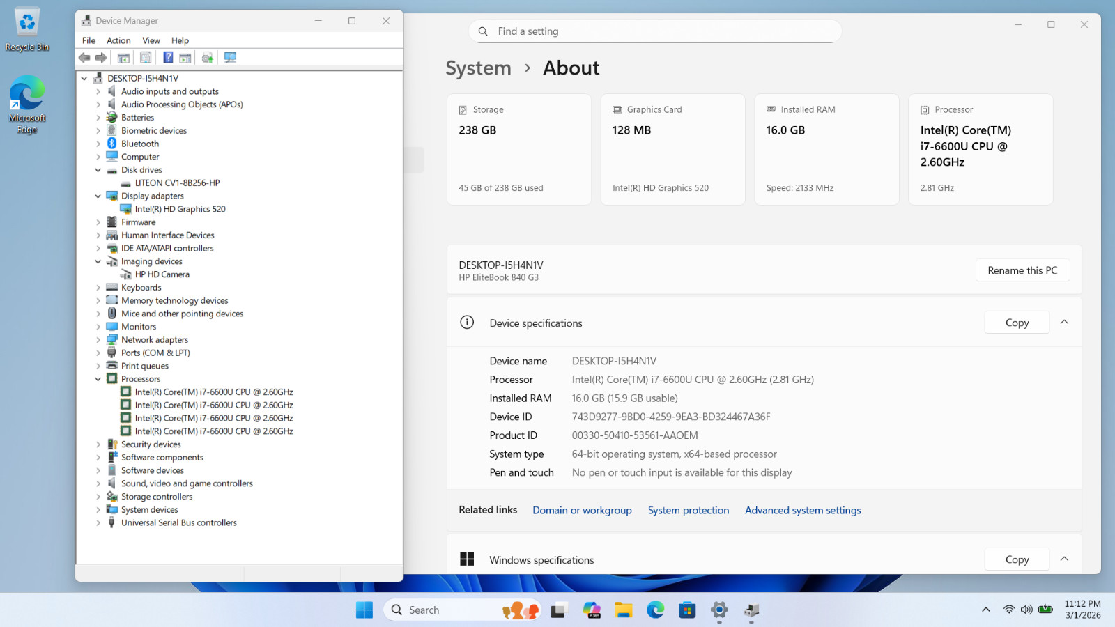 HP EliteBook 840 G3, 14-Inch Laptop, with Intel Core i7 6th Gen., Windows 11 Pro