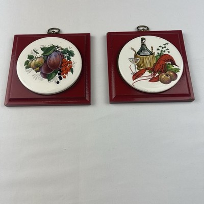 Vintage Hanging Trivets Plaques Lobster Seafood & Fruit Kitchen Decor Set