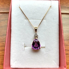 Birthstone Simulated Amethyst Trillion Pendant Box Chain 14K Yellow Gold Plated