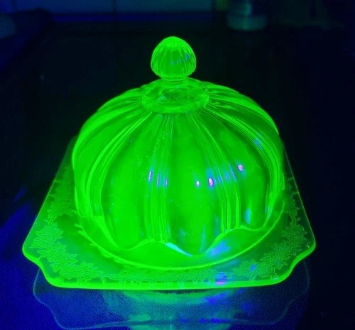 Vintage Uranium Anchor Hocking Knife & Fork  Round Covered Butter Cheese Dish