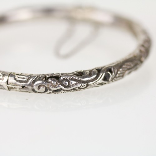 Antique Chinese Export Fine Silver Etched Dragon Hinged Bangle Bracelet - Picture 2 of 7