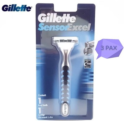 3 X Gillette Sensor Excel Razor Handle + 3 Cartridge - HOLDS WOMENS MENS EXCEL