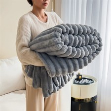 Large Ribbed Faux Fur Warm Fleece Throw Over Soft Sofa Bed Blanket Double & King