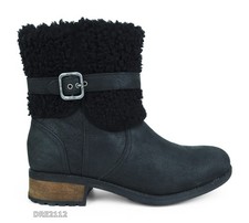 UGG Blayre II Black Leather Fur Boots Womens Size 9 -NIB-