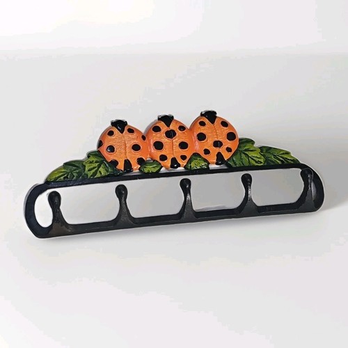 Vintage Cast Iron Ladybug Wall Hook Rack - 5 Hooks - Hand Painted Rustic Garden 