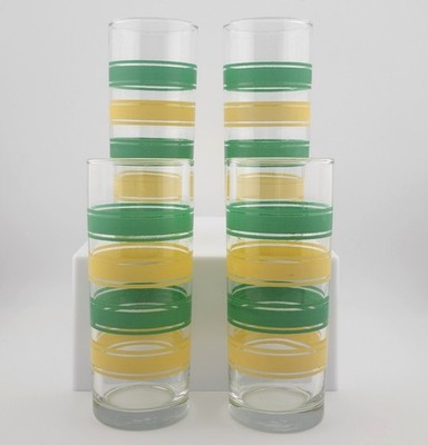 Vintage Libbey Green Yellow Stripes Set - 4 Glasses Tumblers Highball Collins 6''
