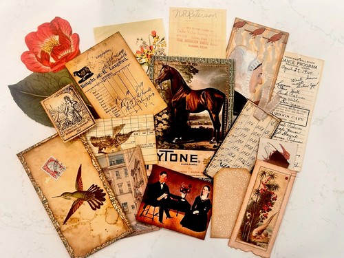 Charming VTG Handmade Sewn Authentic Ephemera Art Cards Journal Tucks & Tags E23