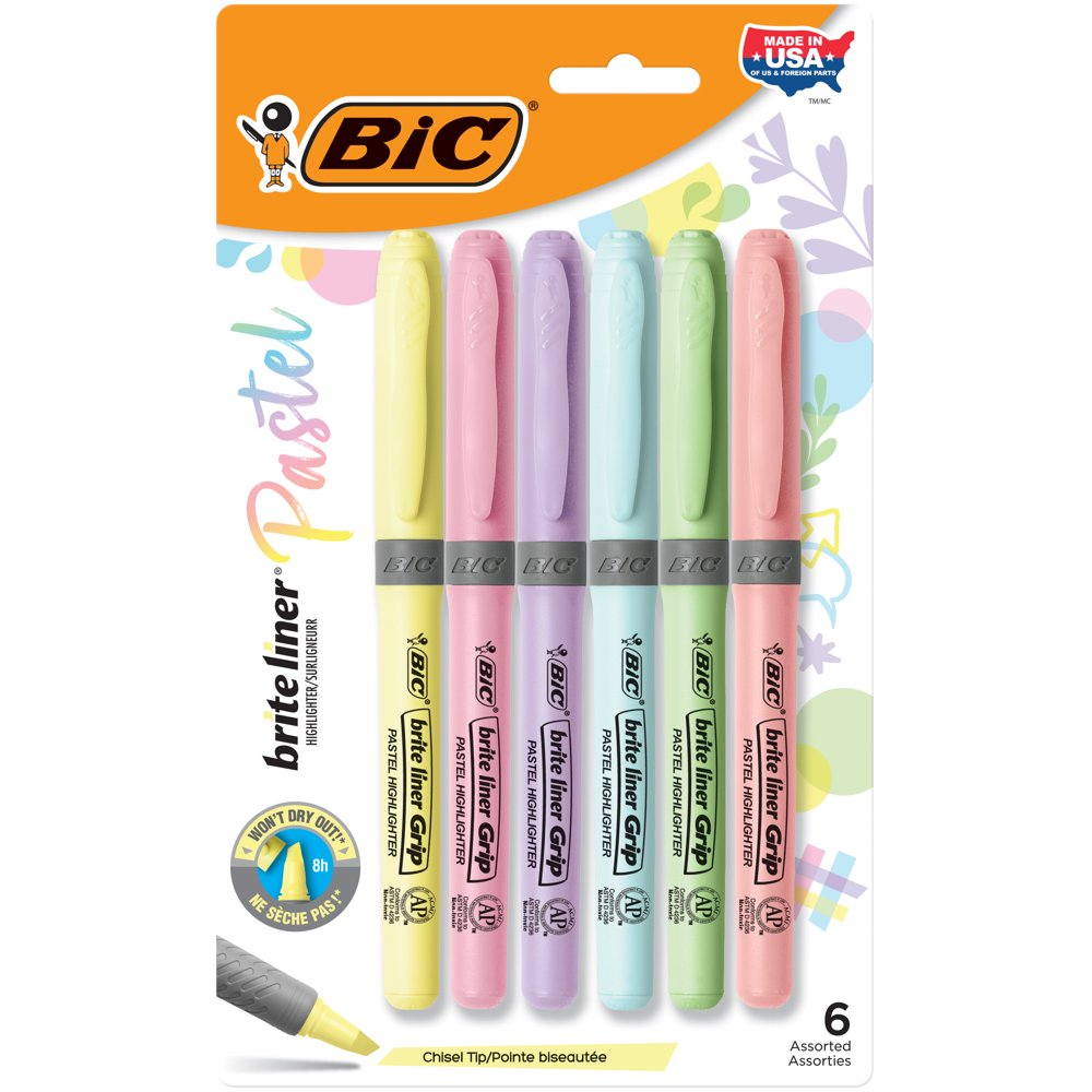 Brite Liner Grip Pastel Highlighters Assorted Pastel Colors Rubber Grip 6 Count-image