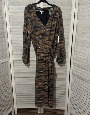 Brand New Cloth & Stone Ruffled V-Neck Animal Print Belted Midi Dress Size Large