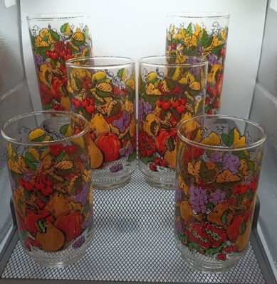 Vintage Libbey Stackable Lowball Juice Glasses Fruit Design 6 of them