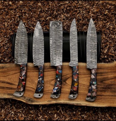 Most beautiful Handmade Custom Built Damascus Steel 5-Piece Chef Set