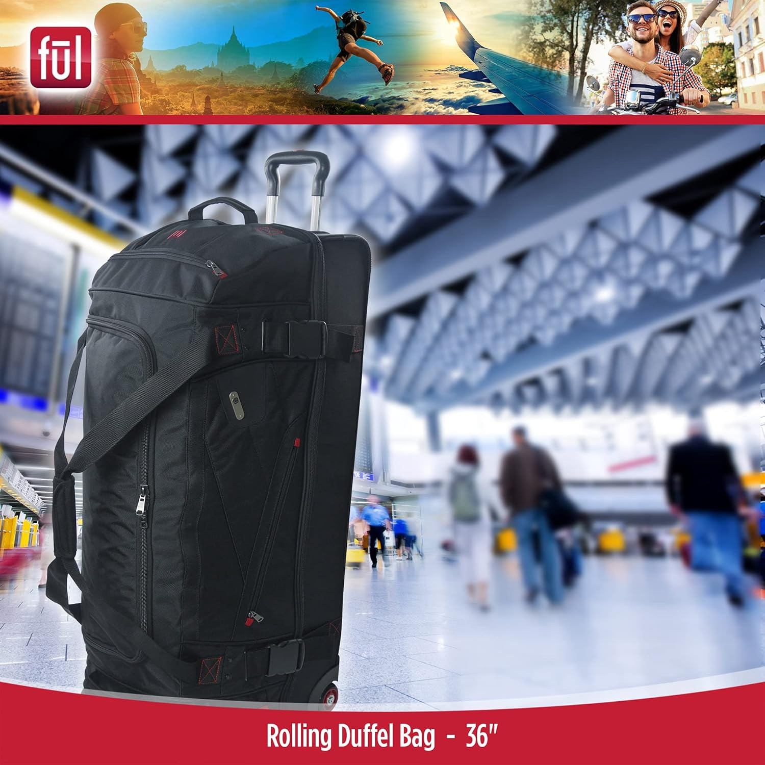 Rolling Duffel Travel Luggage Bag with Wheels, Black, 36"