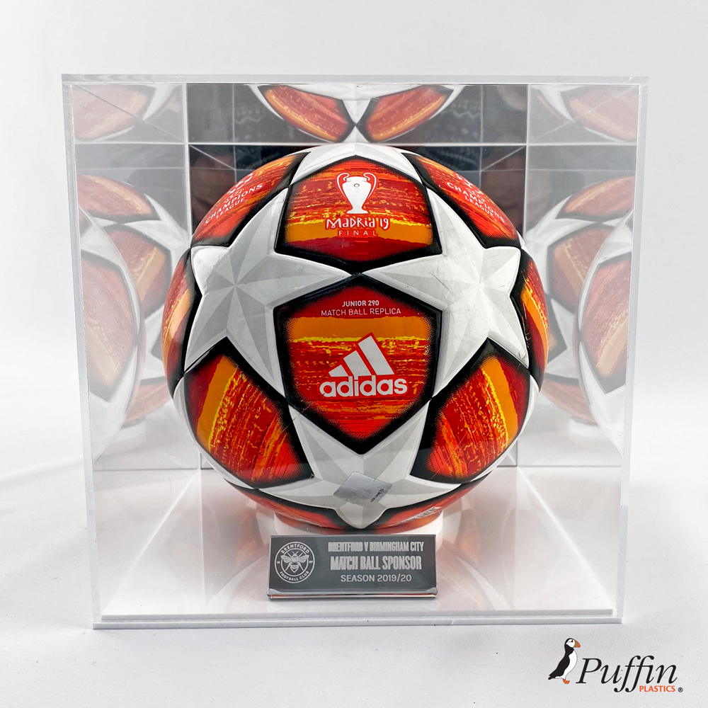 Perspex Football Display Case WHITE BASE Mirrored Backing (WITH FREE