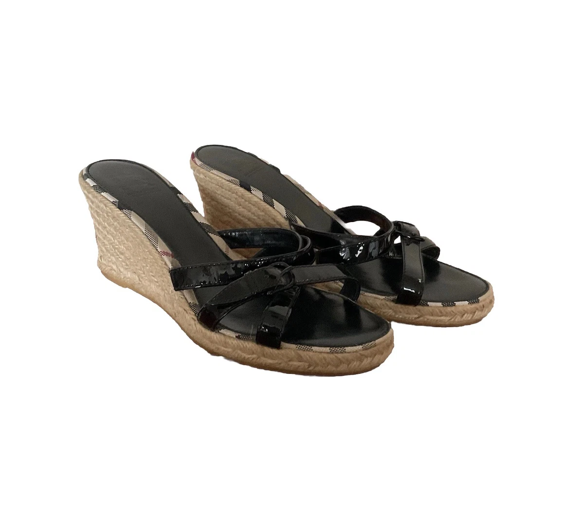 BURBERRY NOVA CHECK BLACK PATENT LEATHER WEDGE HEEL SLIDES  display picture 2