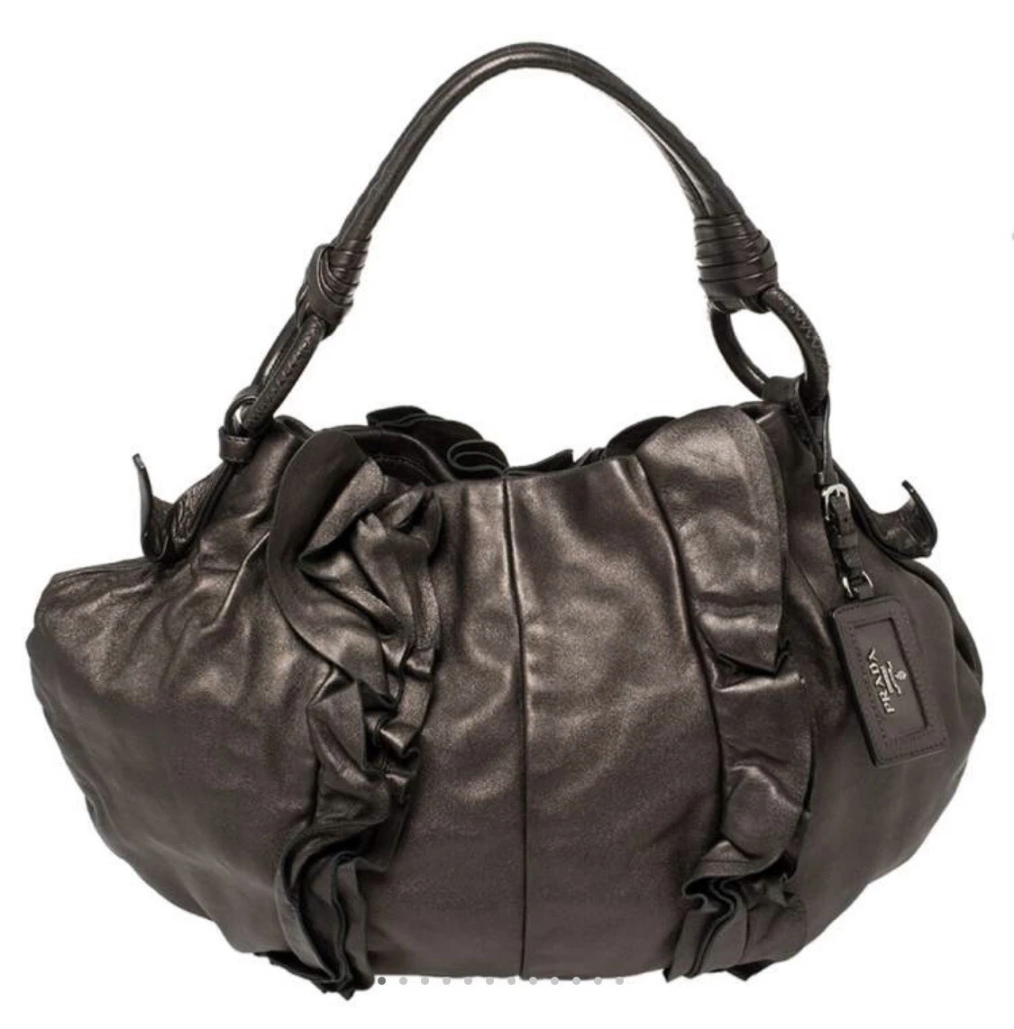100 Authentic Prada Metallic Bronze Leather Ruffle Hobo Handbag