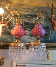 2 Vintage Daisy Fern Fenton Cranberry Glass Bronze Brass Sconces lamp crystal 