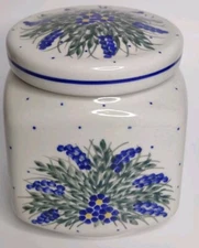 Hyacinth Blue Rose Polish Pottery Large Canister BLUE GREEN & YELLOW