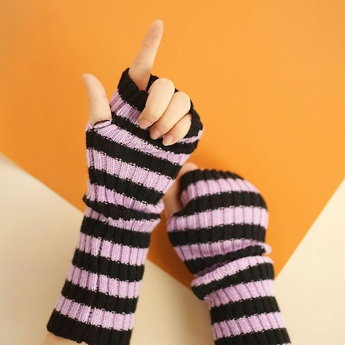 Men Women Knitted sleeve Fingerless Gloves Striped Arm Sleeves Long
