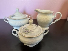 Wawel Violets Porcelain 5 Pieces - Creamer, Sugar Bowl, Jam Jar Pot w/ lids