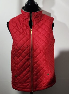 Laura Scott Women's Red Quilted Lined Vest Gold Buttons Full Zip Size  Medium