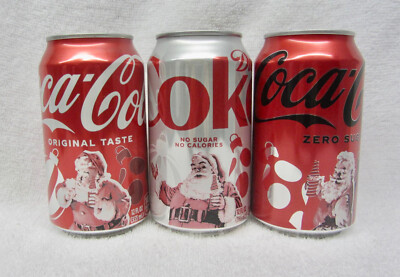 3 Empty USA 2024 CHRISTMAS SANTA CLAUS Coca Cola Zero Reg Diet 12 oz Can Holiday