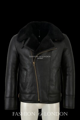 Herren B3 Lammfell Shearling Jacke Bomber Pilot B3 RAF Jacke schwarz schwarz Fell