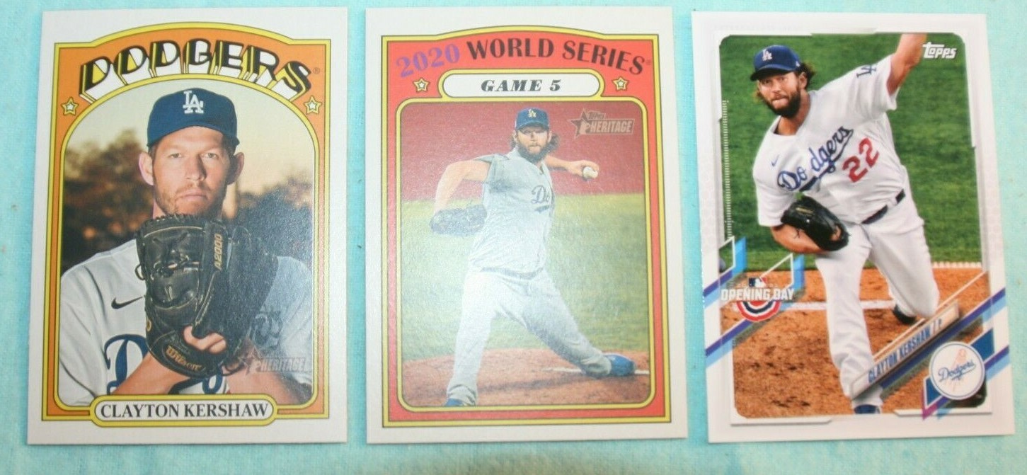 CLAYTON KERSHAW LOT OF 3 2021 TOPPS HERITAGE BASE & W/S #37&29 OPENING DAY #39