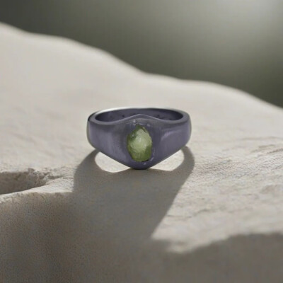 Natural Rough Peridot ring 925 sterling silver ring black mens ring gift for him