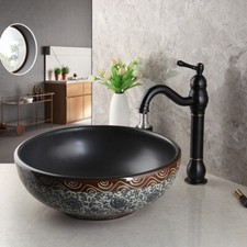 Ceramic Bathroom Vessel Sink Round Basin Wash Bowl Deck Mounted Mixer Faucet Tap