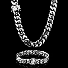 Men's Heavy Miami Cuban Link Chain & Bracelet Combo Set Silver Stainless Steel