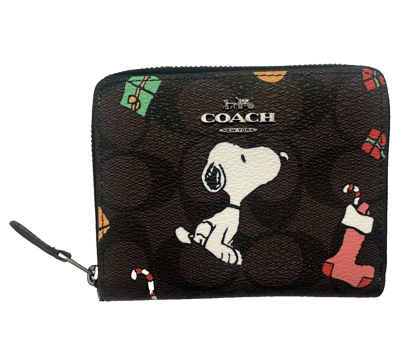 Portafoglio Coach X Peanuts Snoopy Firmato Zip Around Carte Vacanze Natale NUOVO
