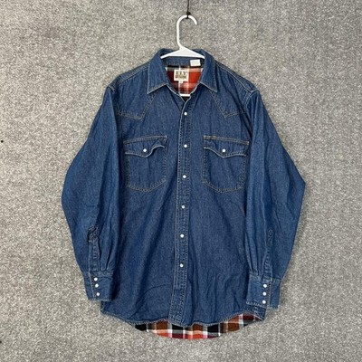 Vintage Ely Cattleman Pearl Snap Shirt Mens M Heavy Denim Western Flannel Lined