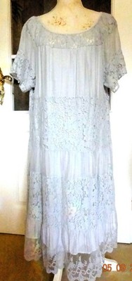 ITALY MODA  BOHO IBIZA MIDI KLEID 70% BAUMWOLLE 30% SEIDE GRAU 7HELLBLAU SPITZE